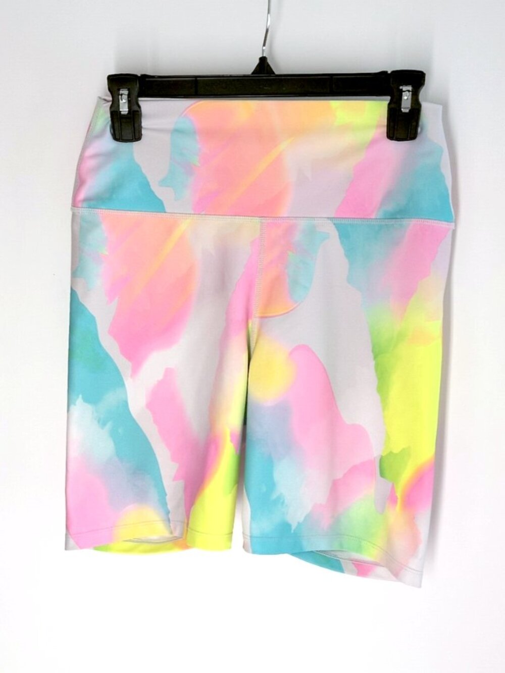 Carbon38 neon rainbow watercolor bike shorts L pink blue yellow high rise